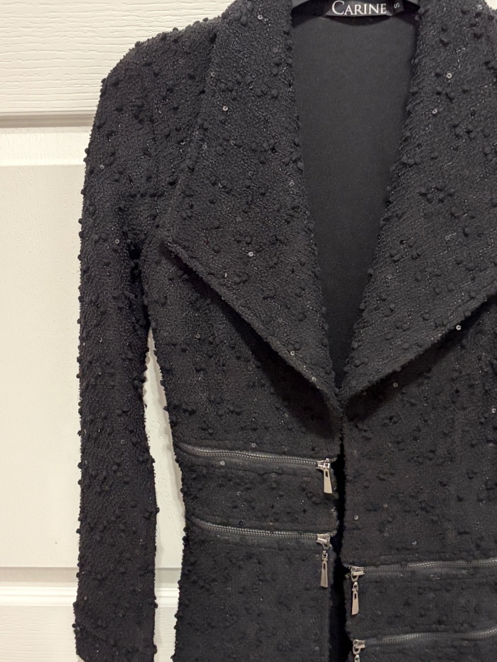 Women's Carine Black Jersey Knit Boucle Sequin Duster Jacket w/Zippers -SMALL